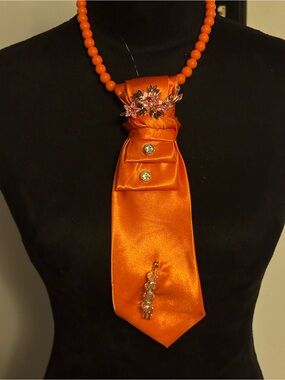 Statement Orange Satin Neck Tie Necklace with Crystal Accents